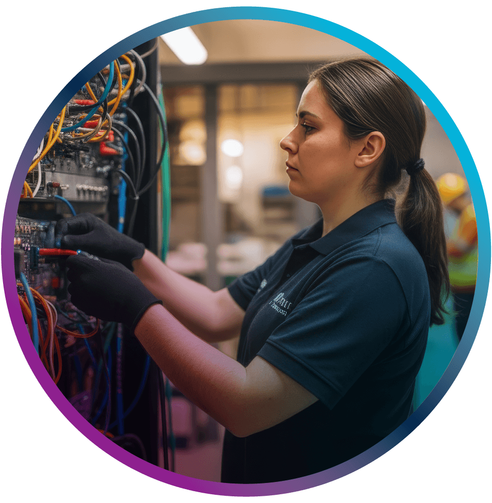 Technician installing network cables in telecommunications cabinet