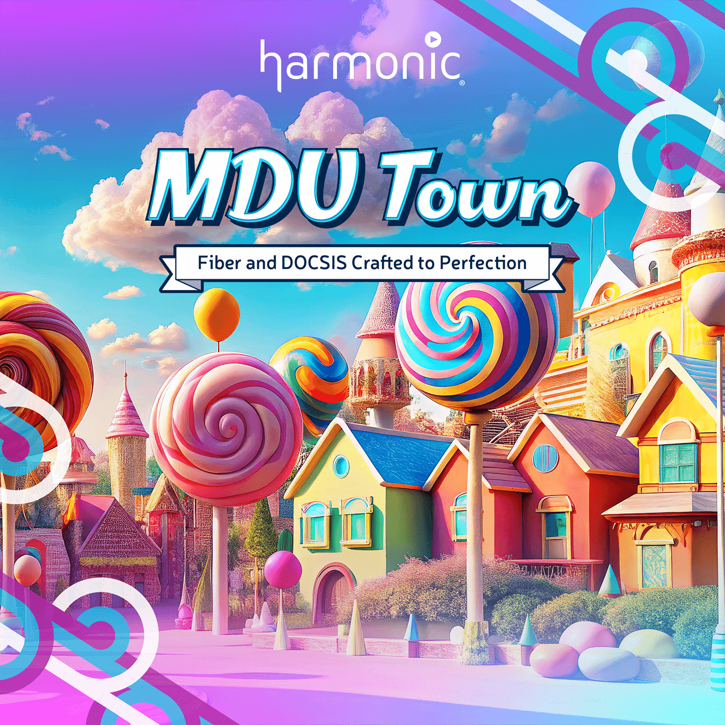 MDU Town: Fiber and DOCSIS Crafted to Perfection: Harmonic's broadband land town made of candy houses.